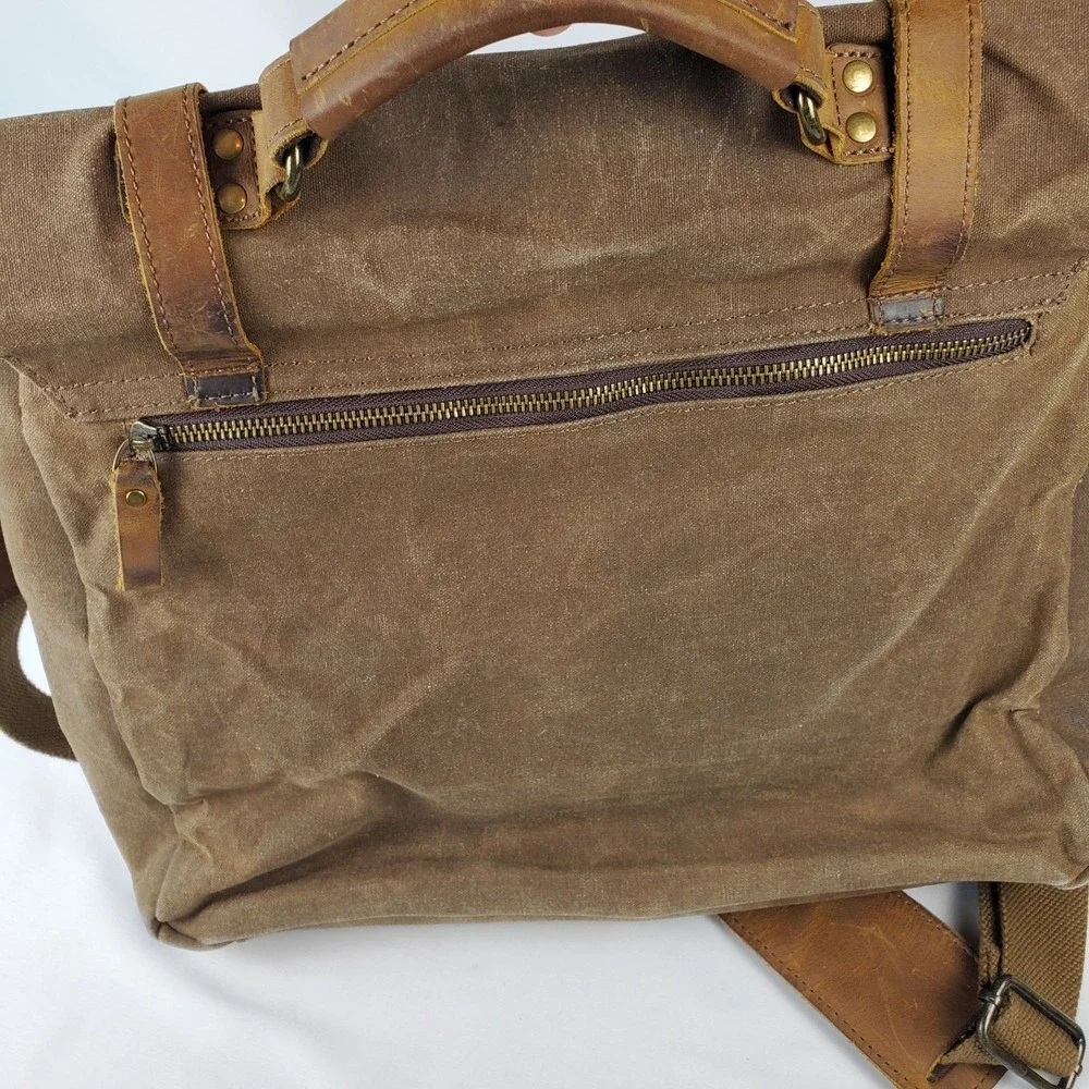 NEWHEY Messenger Laptop Bag Waterproof Canvas Leather Nubuck Brown Beeswax